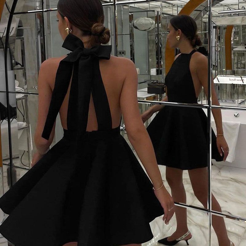 Satin Cocktail Dress with Flared Cut - Valeria-Black-XS-Nora Luxe