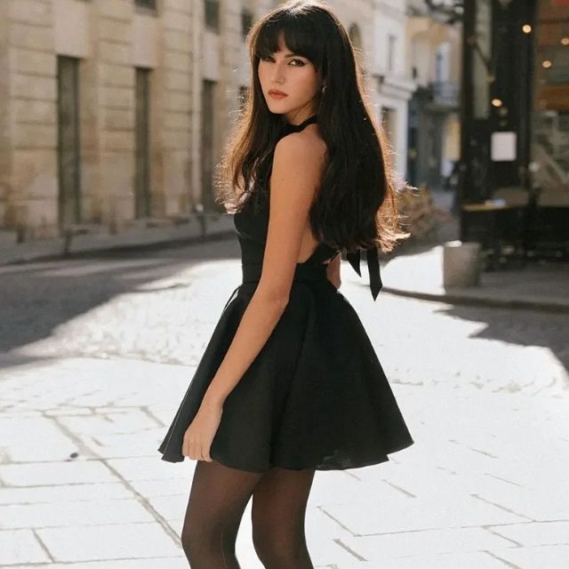 Satin Cocktail Dress with Flared Cut - Valeria-Black-XS-Nora Luxe