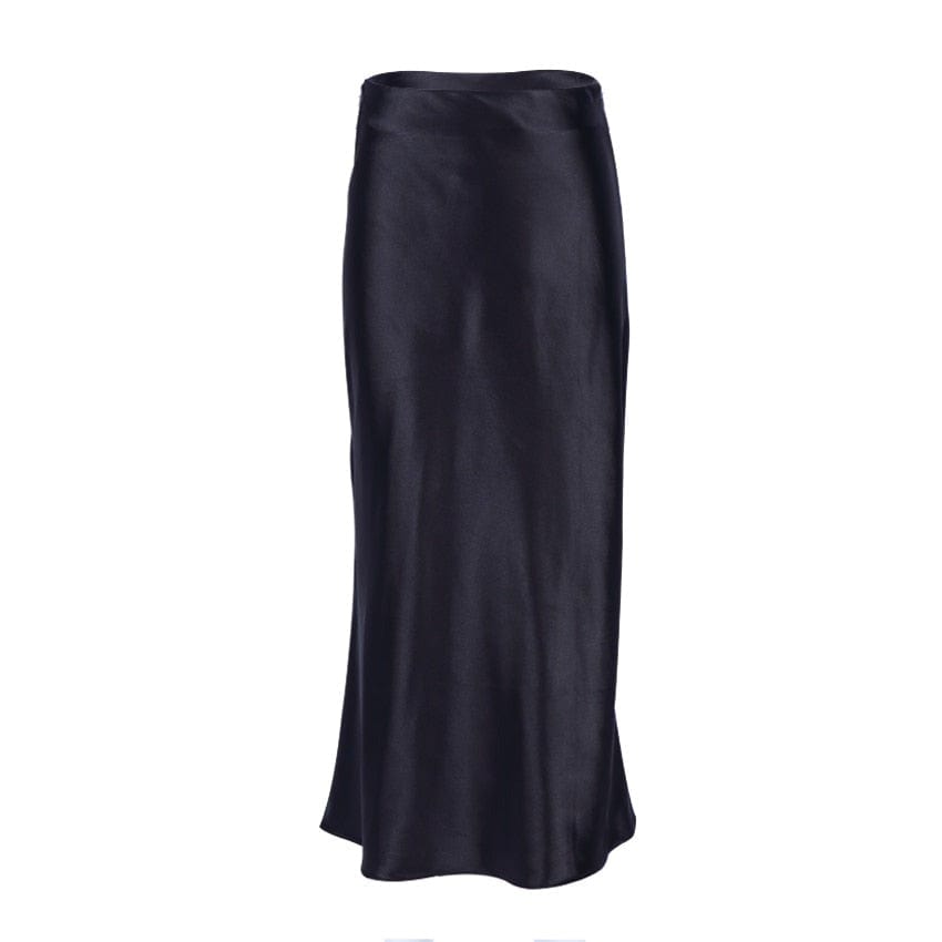 Satin shimmering women's midi skirt in A-line with high waist – Liora-Black-S-Nora Luxe
