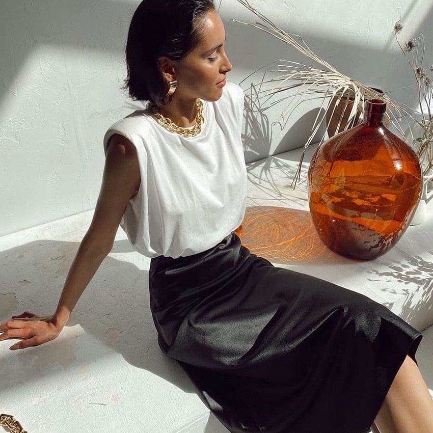 Satin shimmering women's midi skirt in A-line with high waist – Liora-Black-S-Nora Luxe