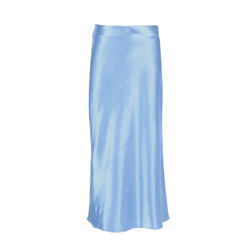 Satin shimmering women's midi skirt in A-line with high waist – Liora-Blue-S-Nora Luxe