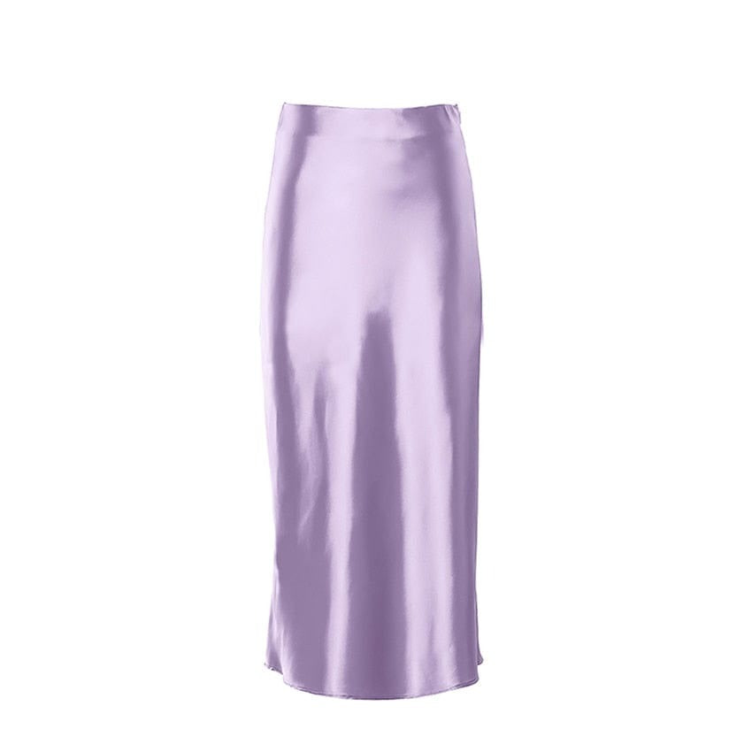 Satin shimmering women's midi skirt in A-line with high waist – Liora-Purple-S-Nora Luxe