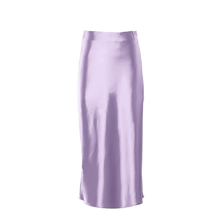 Satin shimmering women's midi skirt in A-line with high waist – Liora-Purple-S-Nora Luxe