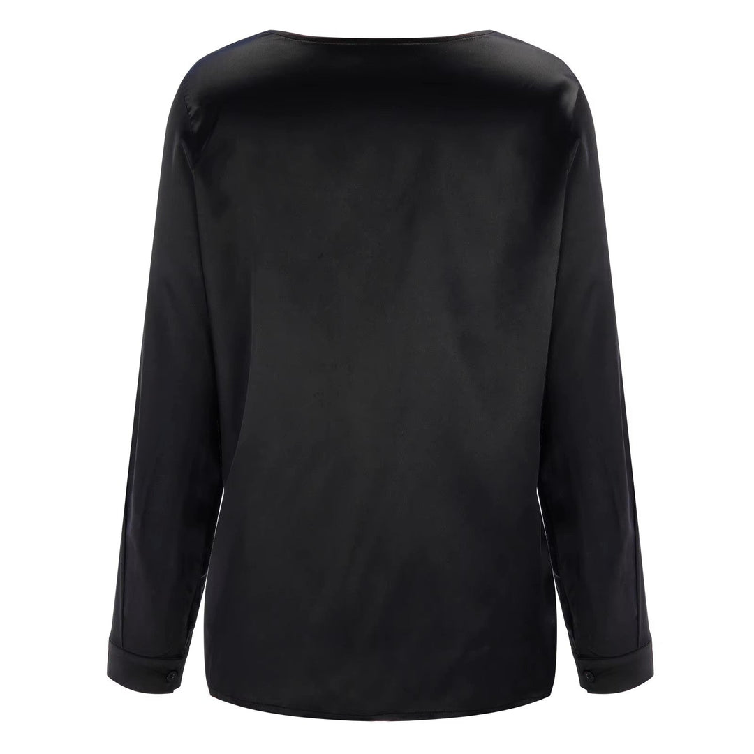 Satin women's shirt with deep V-neck & long sleeves – Daria-Black-S-Nora Luxe
