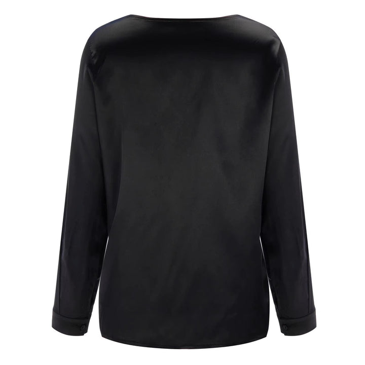 Satin women's shirt with deep V-neck & long sleeves – Daria-Black-S-Nora Luxe