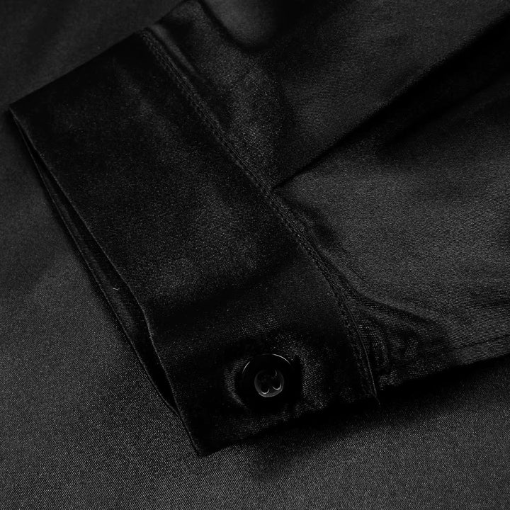Satin women's shirt with deep V-neck & long sleeves – Daria-Black-S-Nora Luxe