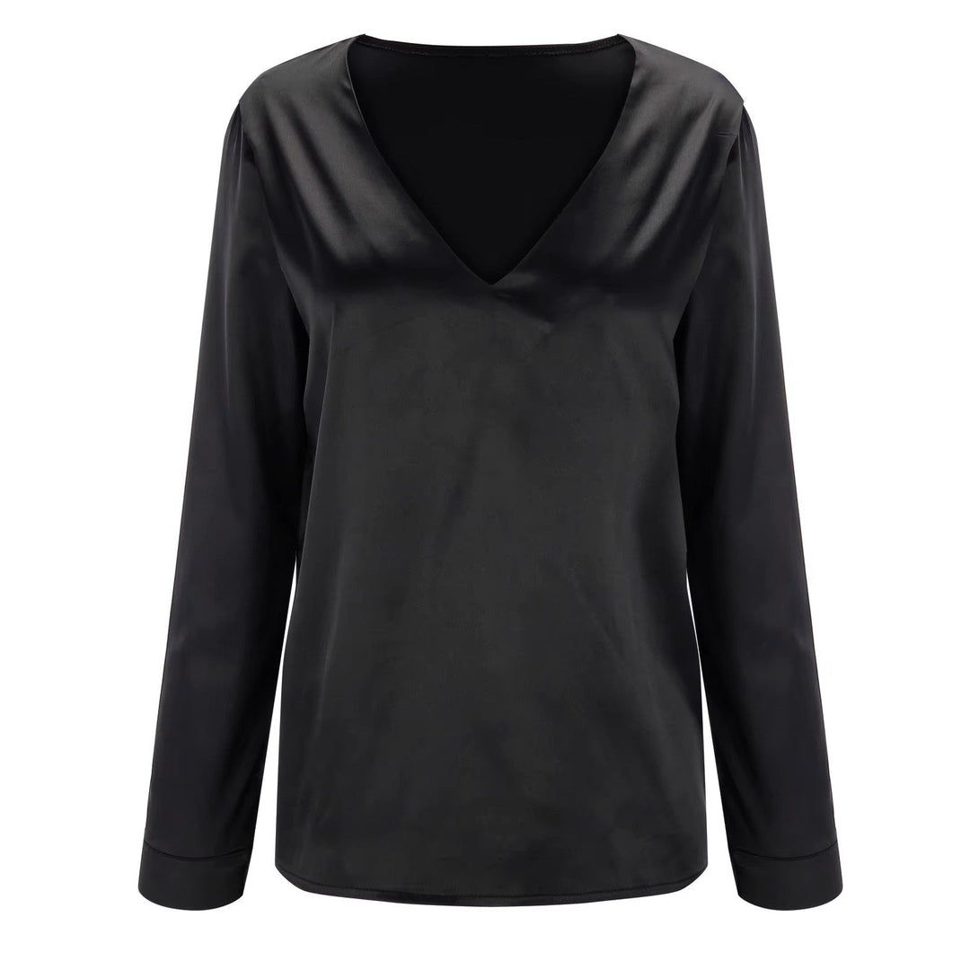 Satin women's shirt with deep V-neck & long sleeves – Daria-Black-S-Nora Luxe