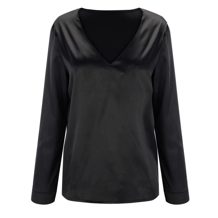 Satin women's shirt with deep V-neck & long sleeves – Daria-Black-S-Nora Luxe