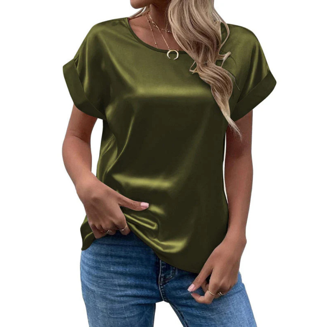 Satinated trend shirt with a loose fit for women – Leona-Olive green-S-Nora Luxe