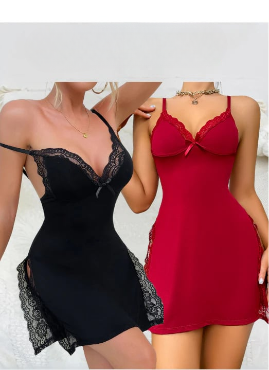 Seductive lace nightgown with V-neck – Loreen-Black+Red-S-Nora Luxe