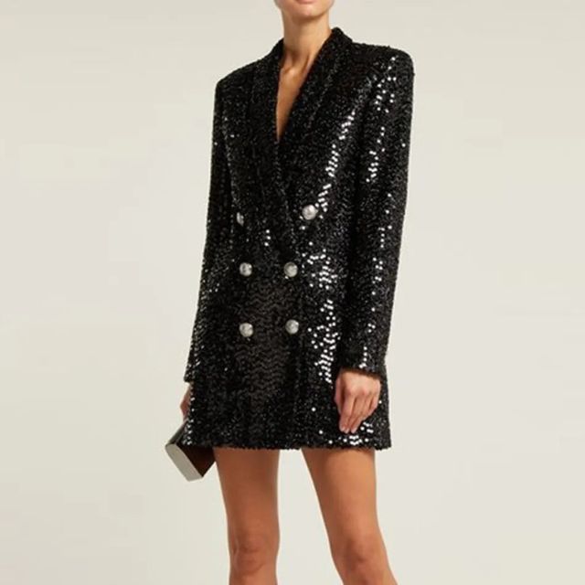 Sequin Blazer Jumpsuit with Double Breasted Buttons - Stella-Black-XS-Nora Luxe