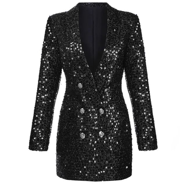 Sequin Blazer Jumpsuit with Double Breasted Buttons - Stella-Black-XS-Nora Luxe
