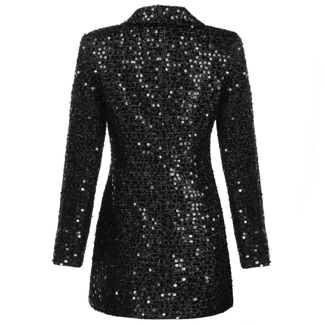 Sequin Blazer Jumpsuit with Double Breasted Buttons - Stella-Black-XS-Nora Luxe