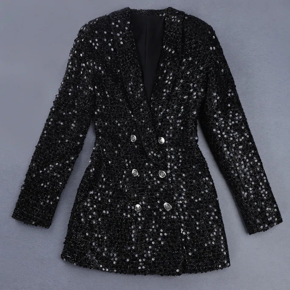 Sequin Blazer Jumpsuit with Double Breasted Buttons - Stella-Black-XS-Nora Luxe
