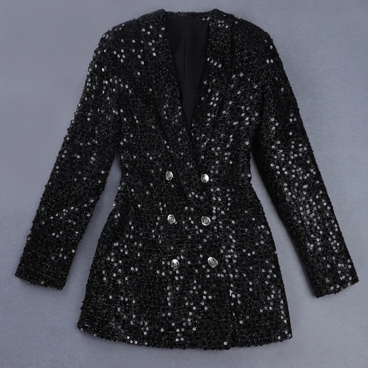 Sequin Blazer Jumpsuit with Double Breasted Buttons - Stella-Black-XS-Nora Luxe
