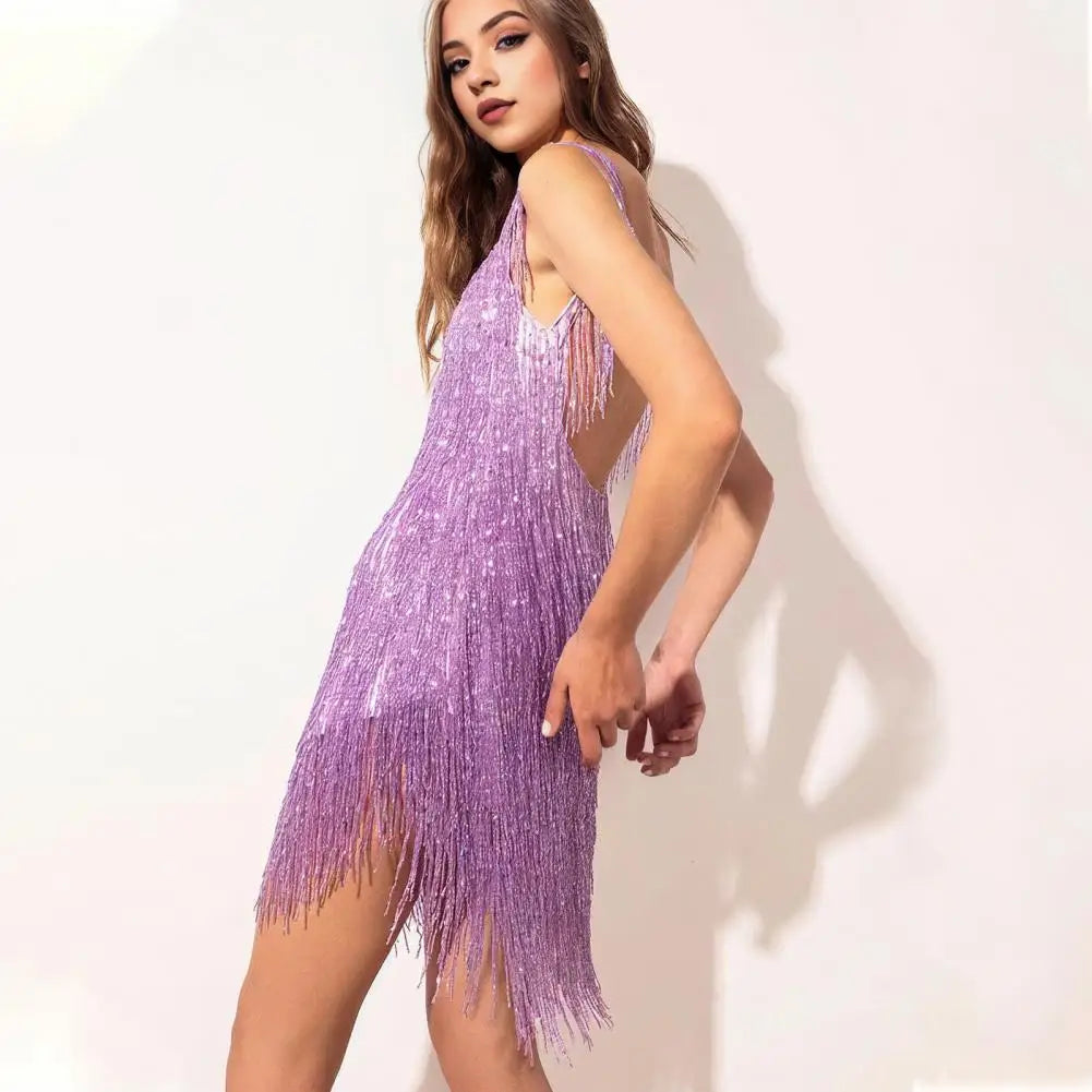Sequin Dress with Fringes for Parties - Luna-Purple-S-Nora Luxe