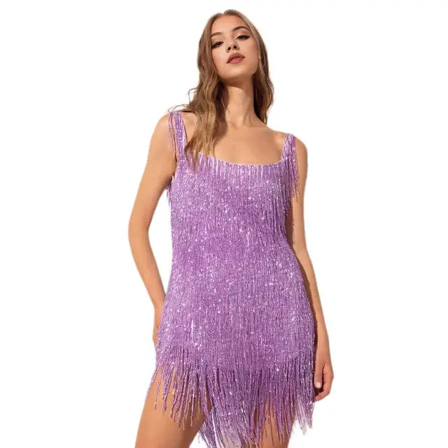 Sequin Dress with Fringes for Parties - Luna-Purple-S-Nora Luxe
