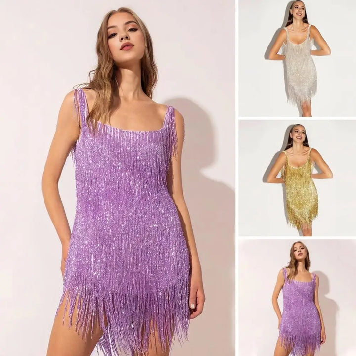 Sequin Dress with Fringes for Parties - Luna-Purple-S-Nora Luxe