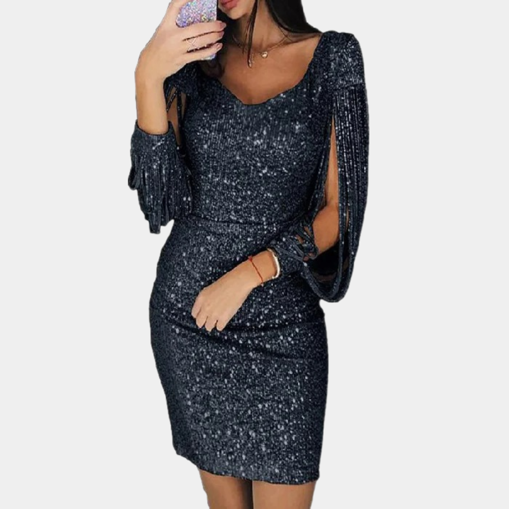 Sequin dress with V-neck and stylish sleeves - Celeste-Black-S-Nora Luxe