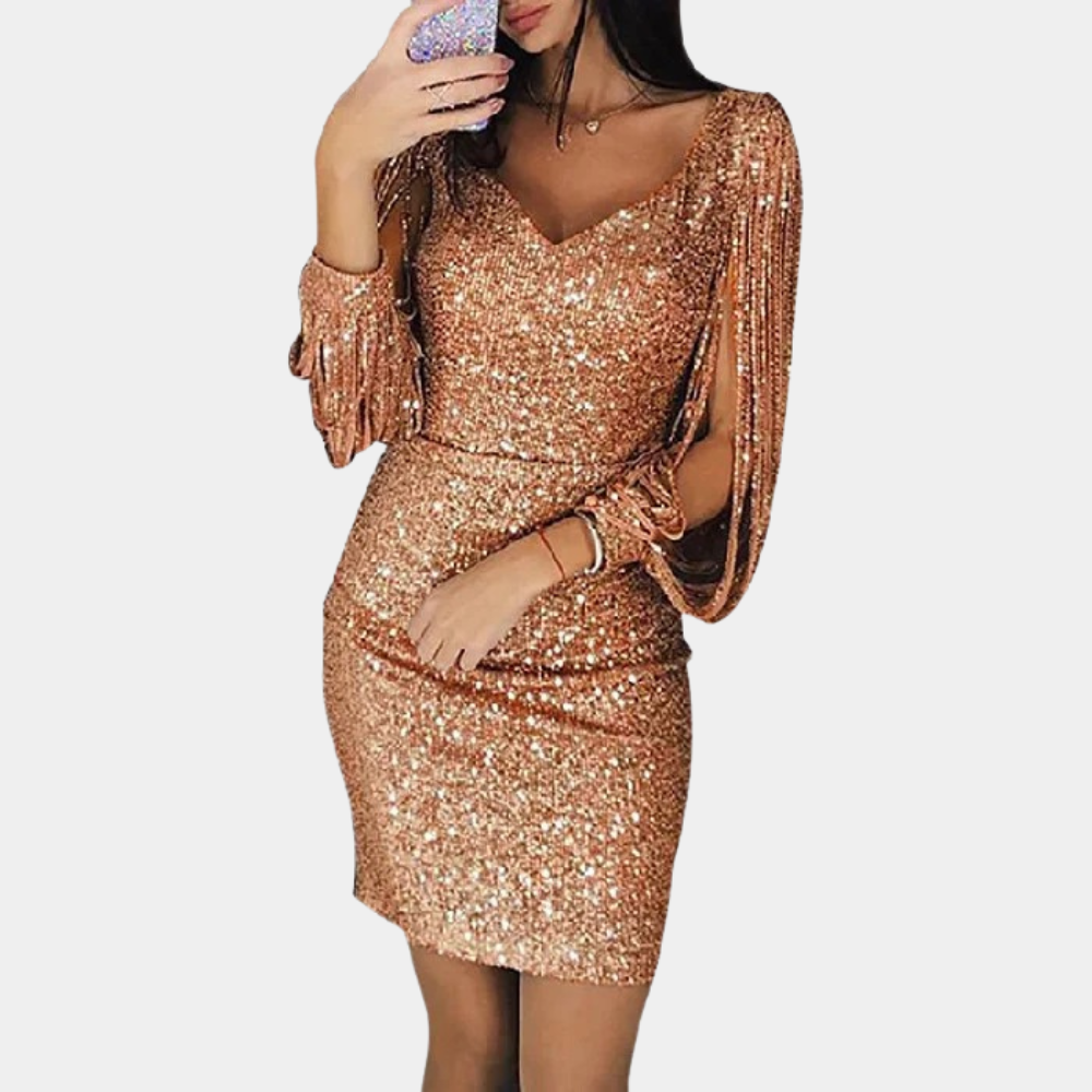 Sequin dress with V-neck and stylish sleeves - Celeste-Gold-S-Nora Luxe