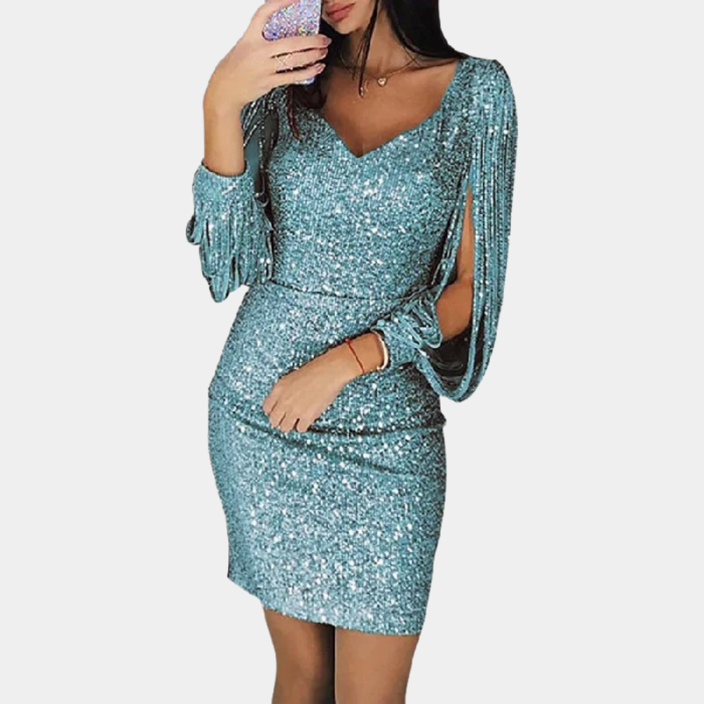 Sequin dress with V-neck and stylish sleeves - Celeste-Green-S-Nora Luxe