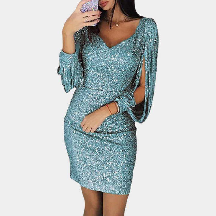 Sequin dress with V-neck and stylish sleeves - Celeste-Green-S-Nora Luxe