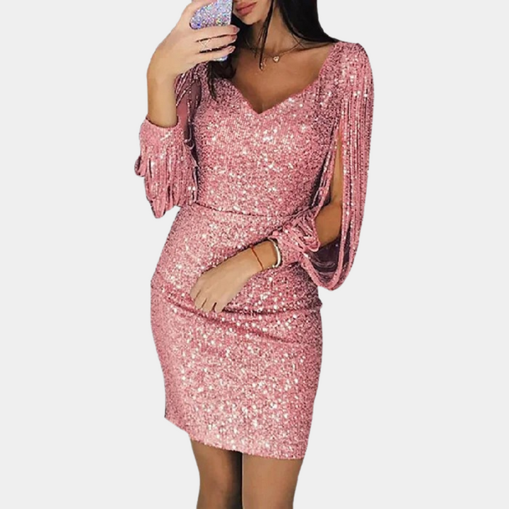 Sequin dress with V-neck and stylish sleeves - Celeste-Pink-S-Nora Luxe