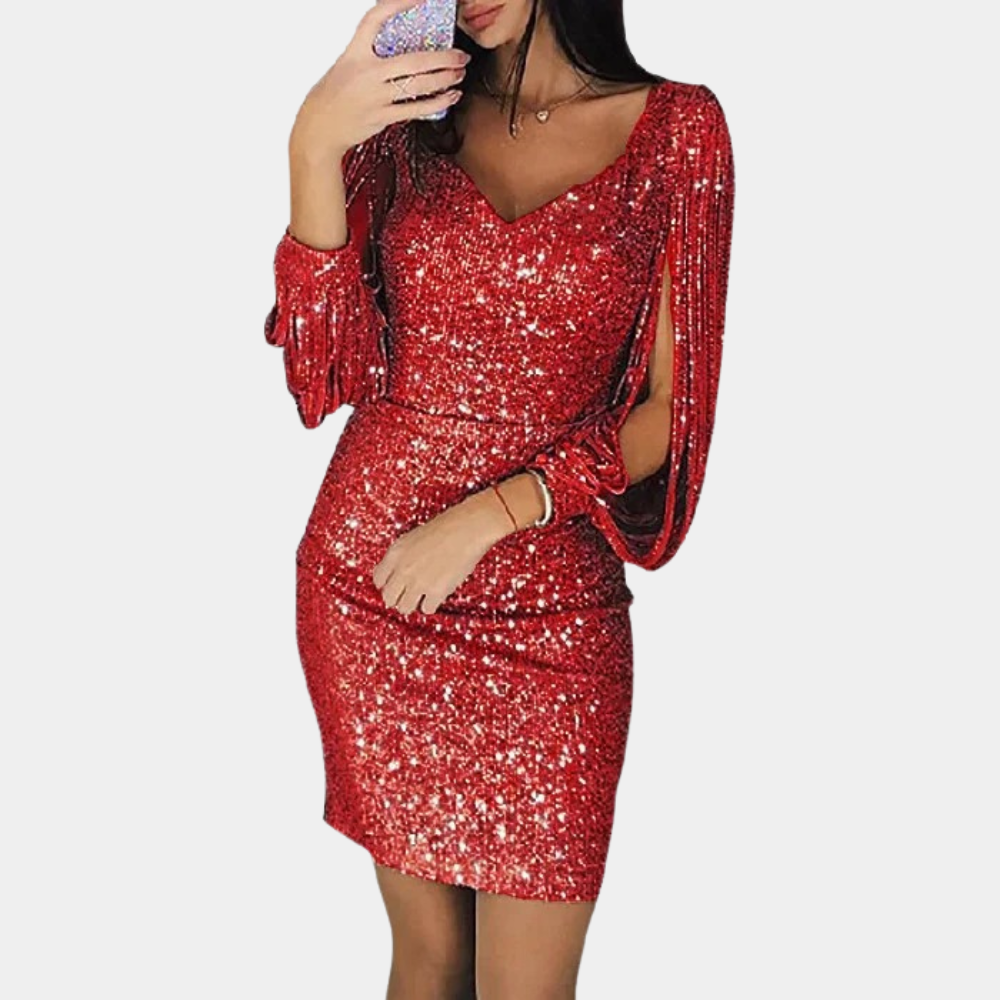 Sequin dress with V-neck and stylish sleeves - Celeste-Red-S-Nora Luxe