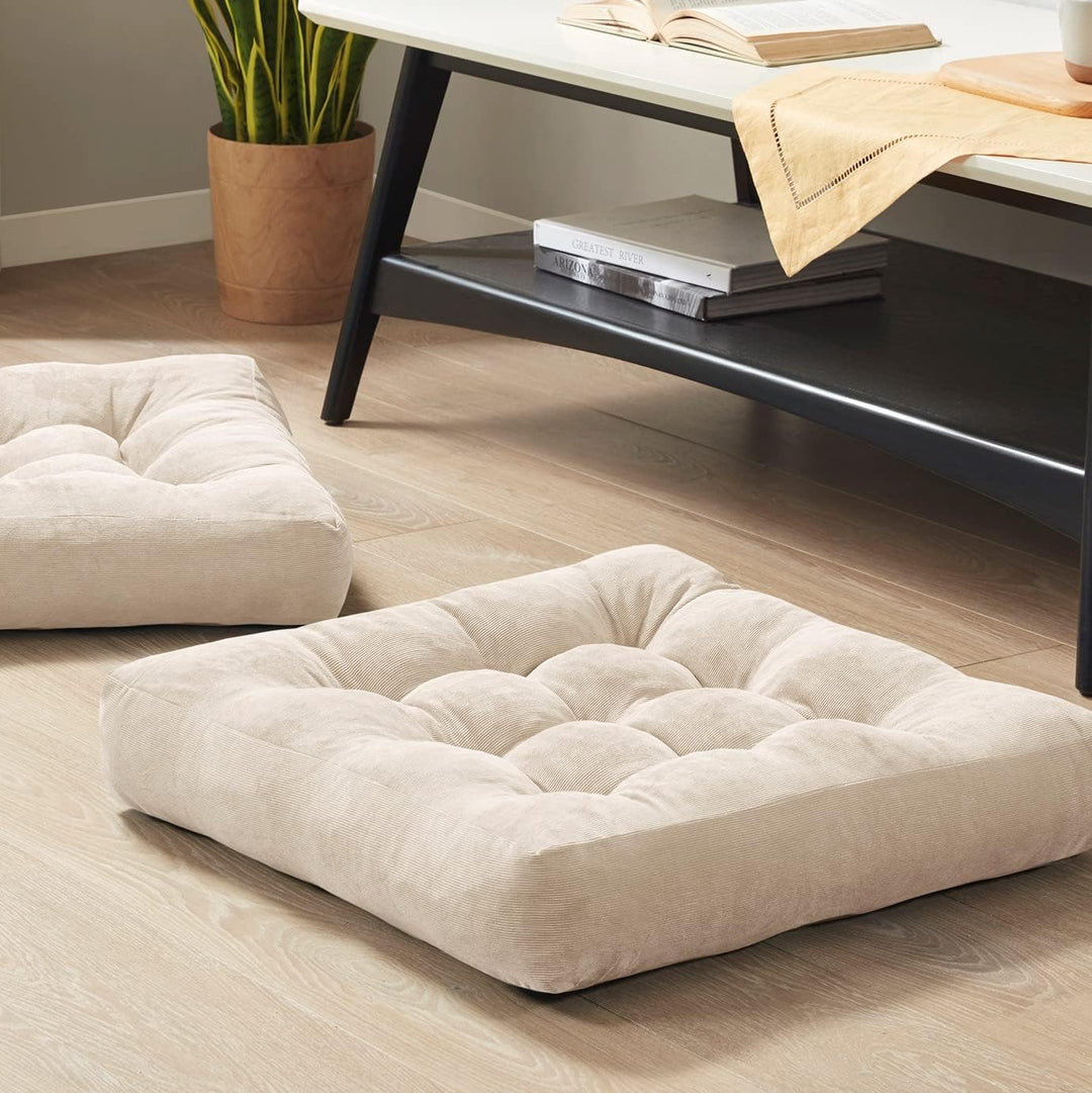 Set of 2 Meditation Cushions - Large Tufted Corduroy Cushions-Beige-Nora Luxe