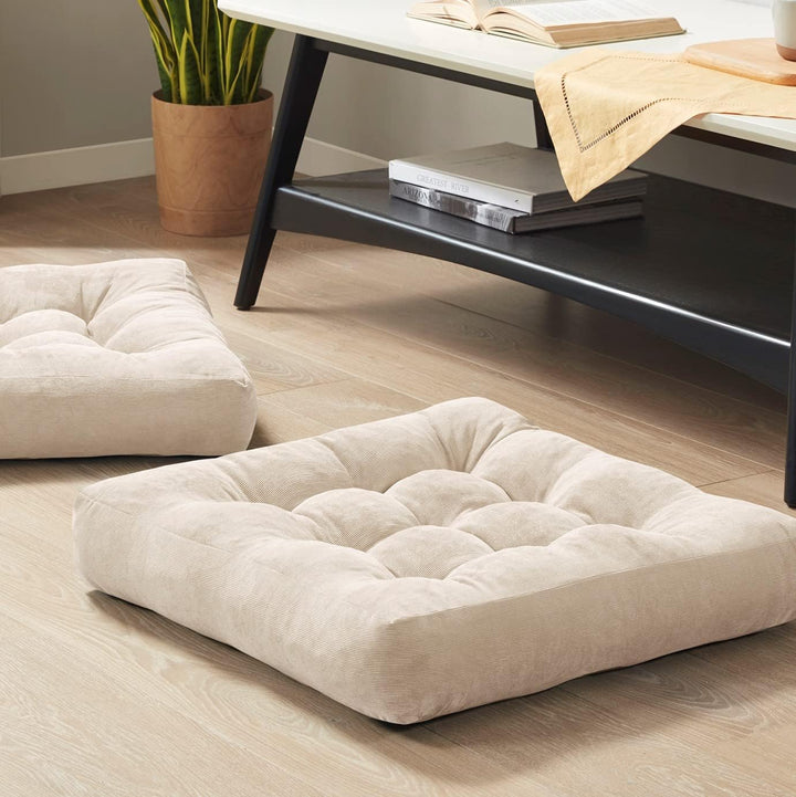 Set of 2 Meditation Cushions - Large Tufted Corduroy Cushions-Beige-Nora Luxe