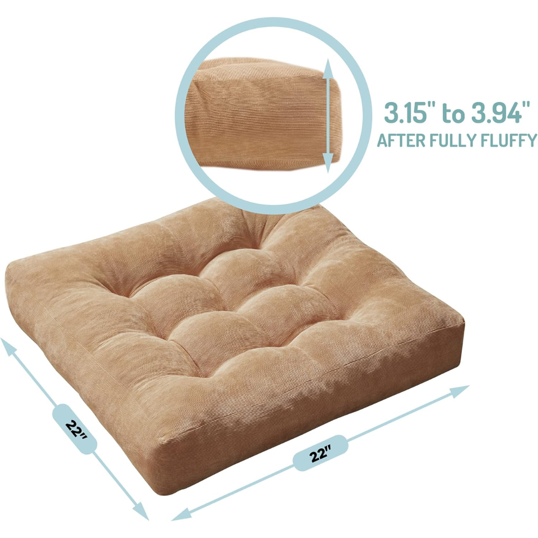 Set of 2 Meditation Cushions - Large Tufted Corduroy Cushions-Beige-Nora Luxe