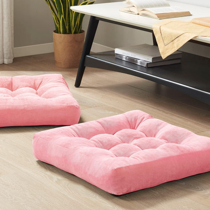 Set of 2 Meditation Cushions - Large Tufted Corduroy Cushions-Pink-Nora Luxe