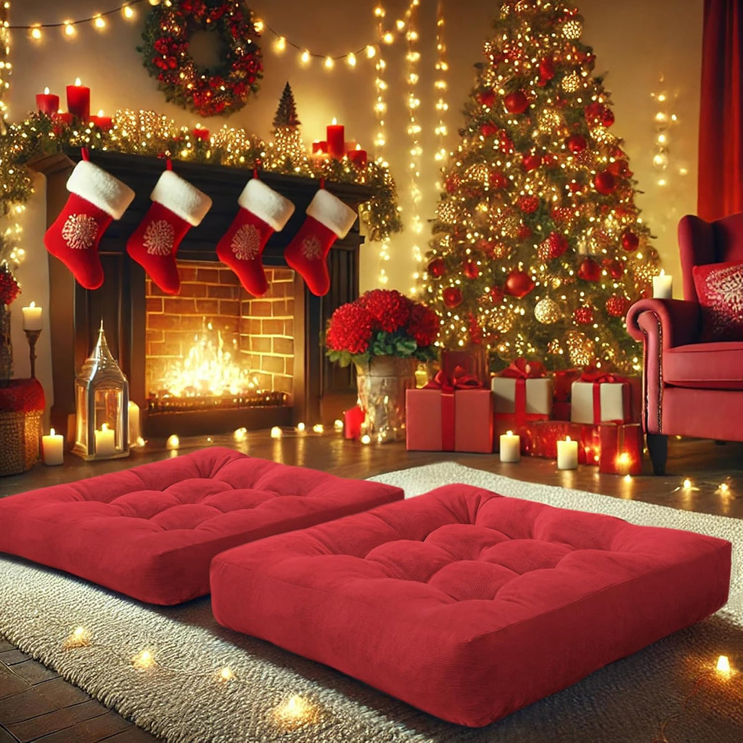 Set of 2 Meditation Cushions - Large Tufted Corduroy Cushions-Red-Nora Luxe