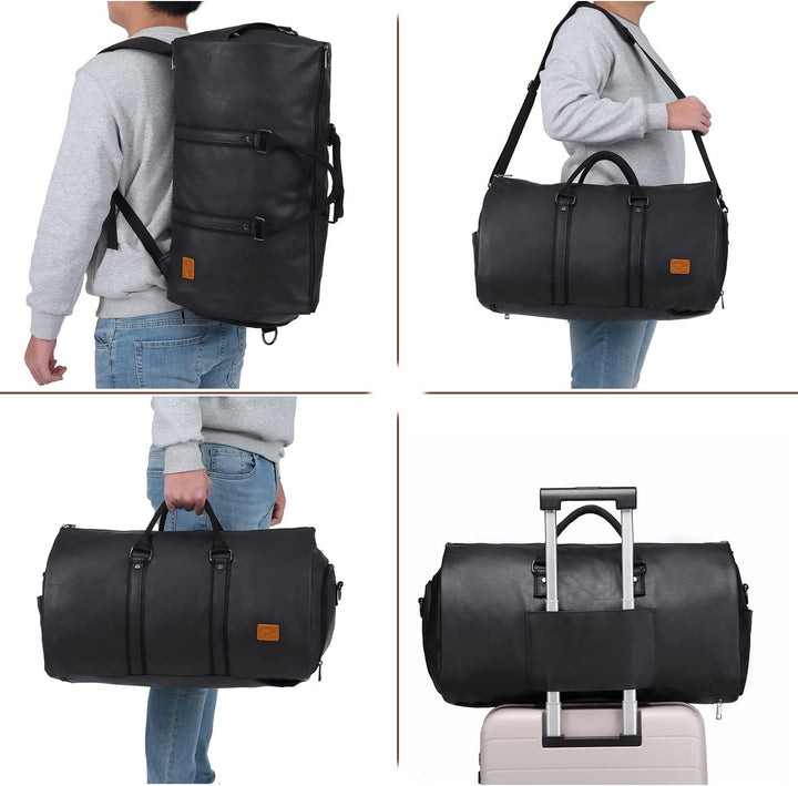 Convertible PU Leather Garment Duffel – Carry-On Weekender Suit Travel Bag