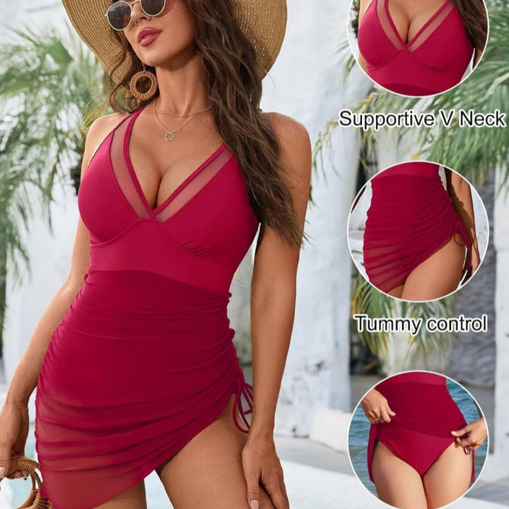 Shaped swimsuit dress with mesh insert & wrap look – Melina-Black-S-Nora Luxe