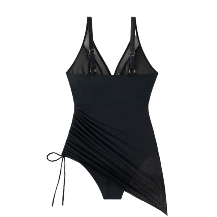 Shaped swimsuit dress with mesh insert & wrap look – Melina-Black-S-Nora Luxe