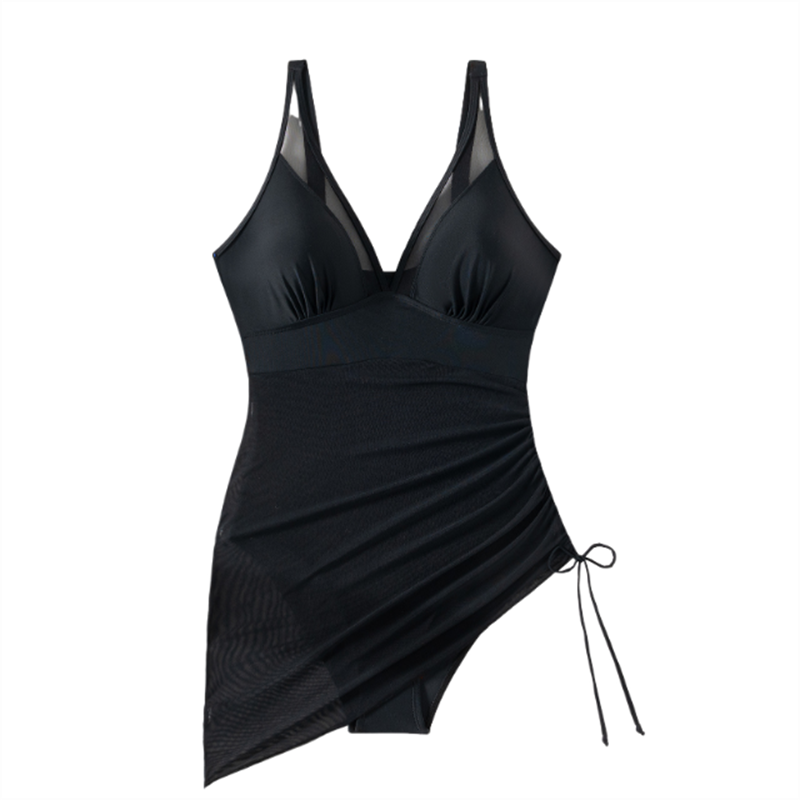 Shaped swimsuit dress with mesh insert & wrap look – Melina-Black-S-Nora Luxe