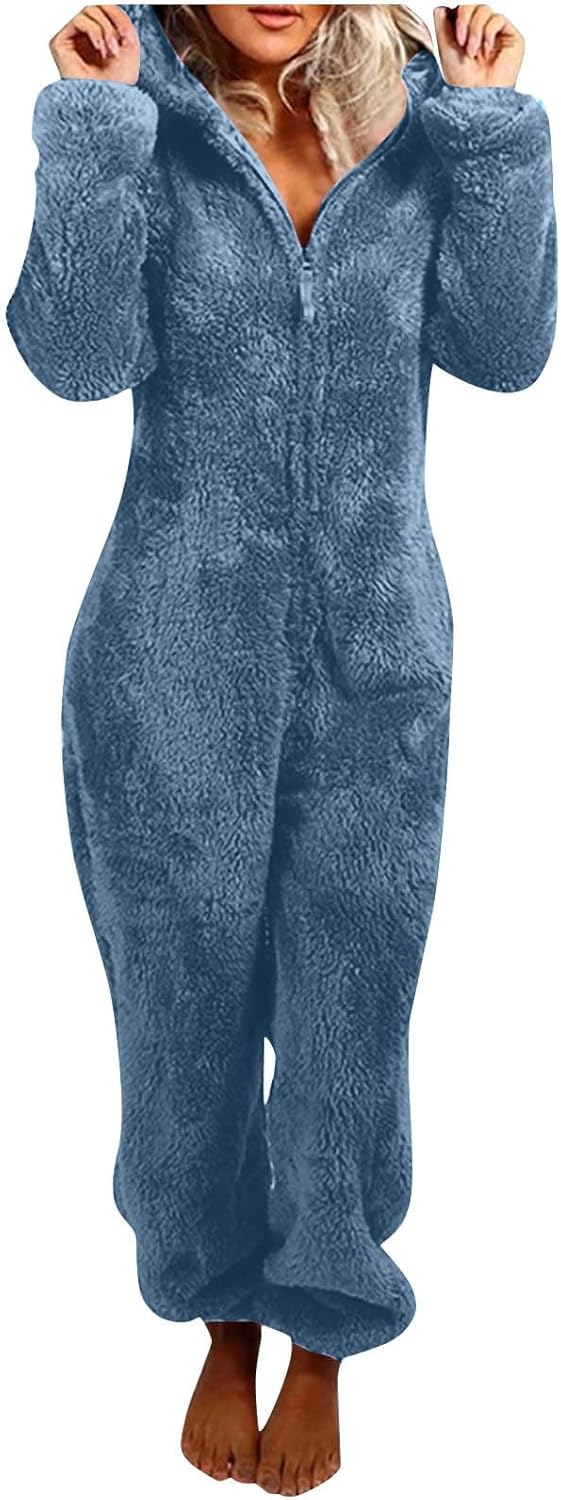 Sherpa Fuzzy Onesie with Hood - CozyCat-Marine Blue-S-Nora Luxe