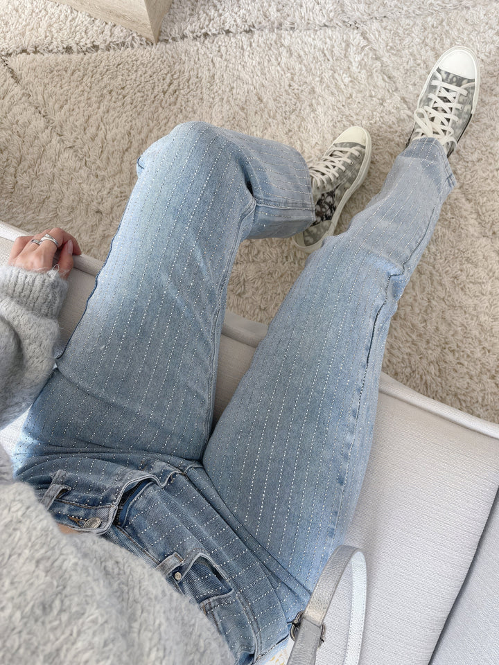 Shiny Denim Jeans - StarStruck-S-Light Blue Striped-Nora Luxe