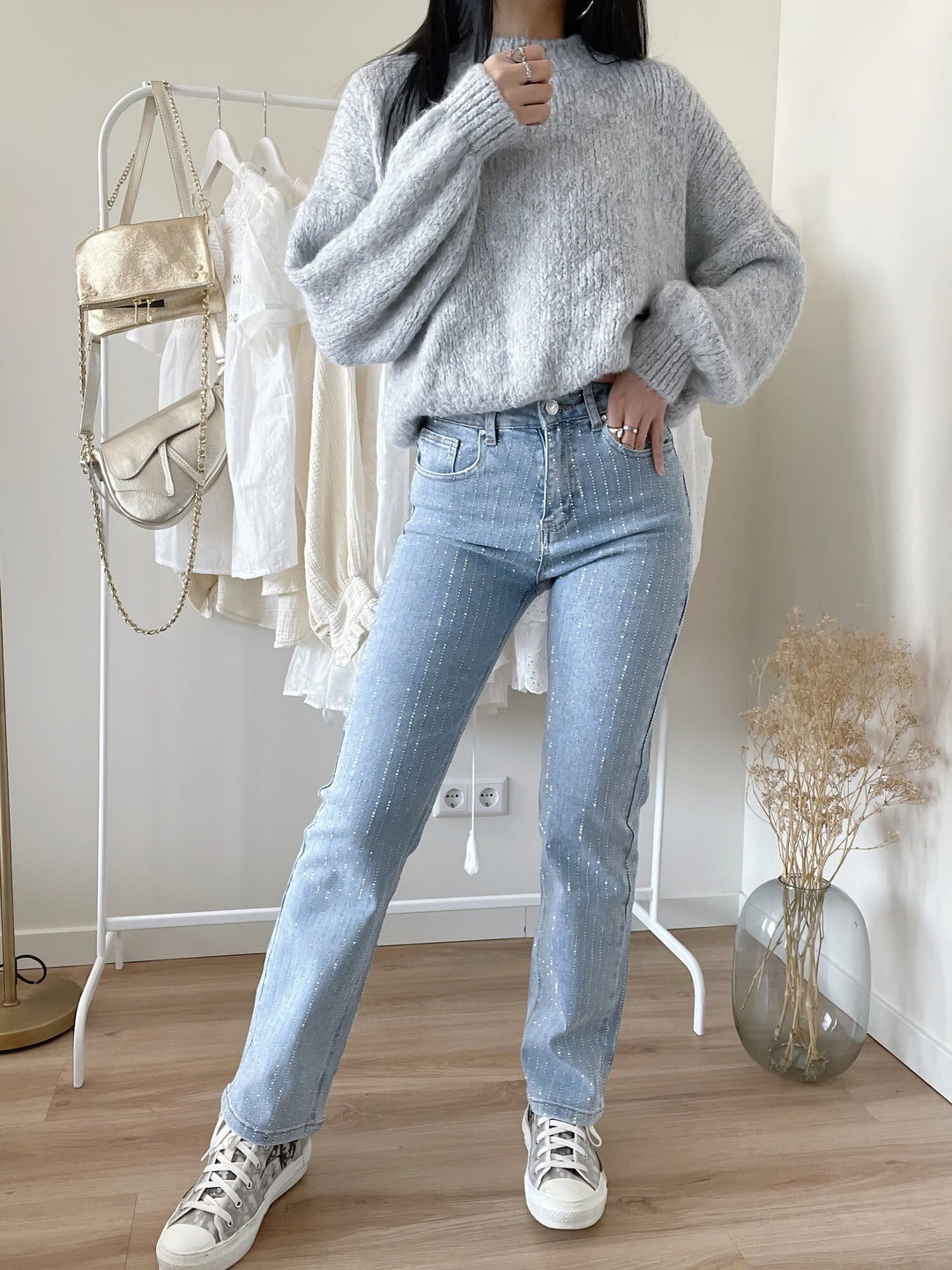 Shiny Denim Jeans - StarStruck-S-Light Blue Striped-Nora Luxe