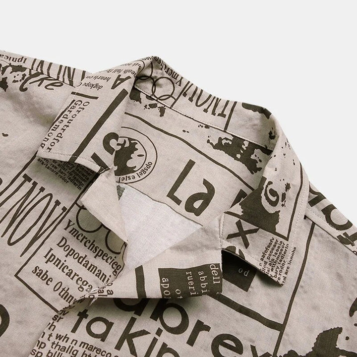 Shirt with Newspaper Print and Button Closure - Milo-Black-S-Nora Luxe