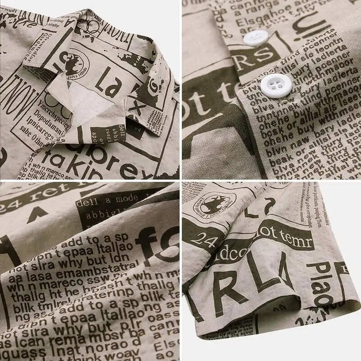 Shirt with Newspaper Print and Button Closure - Milo-Black-S-Nora Luxe
