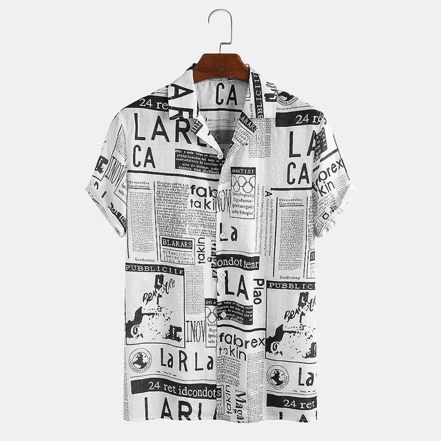 Shirt with Newspaper Print and Button Closure - Milo-Black-S-Nora Luxe