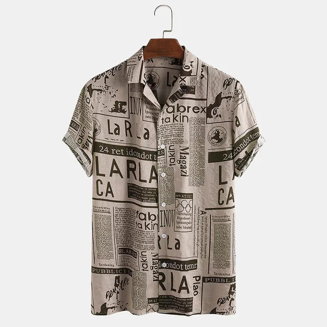 Shirt with Newspaper Print and Button Closure - Milo-Black-S-Nora Luxe