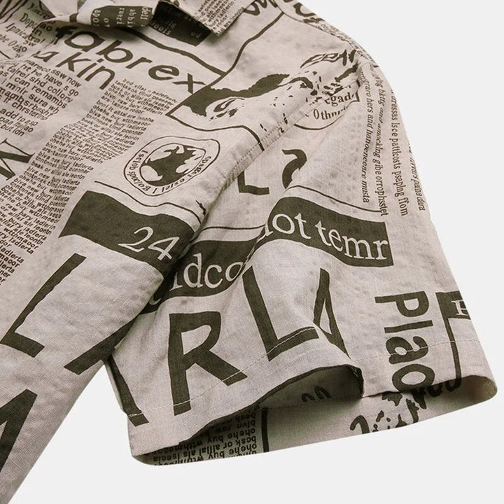 Shirt with Newspaper Print and Button Closure - Milo-Black-S-Nora Luxe