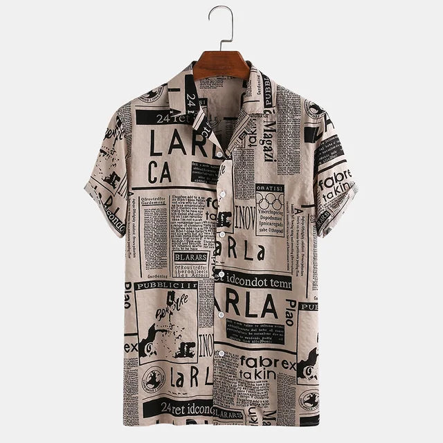 Shirt with Newspaper Print and Button Closure - Milo-Black-S-Nora Luxe