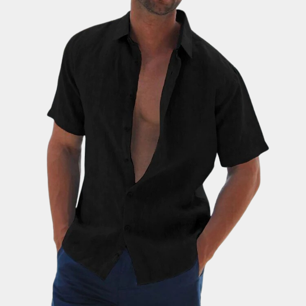 Short Sleeves Linen Men's Shirt - Dax-Black-S-Nora Luxe