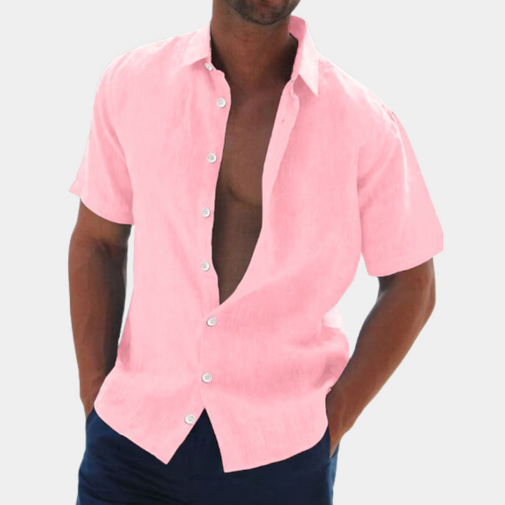Short Sleeves Linen Men's Shirt - Dax-Pink-S-Nora Luxe