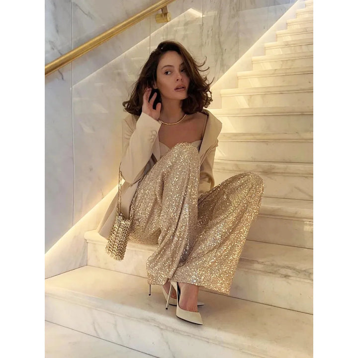 Silky Smooth Sequin Trousers - Luna-Gold-36-Nora Luxe