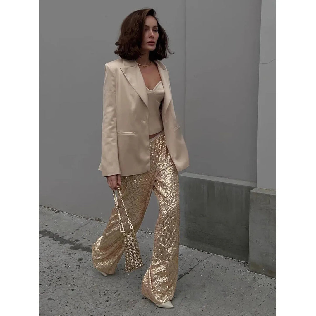 Silky Smooth Sequin Trousers - Luna-Gold-36-Nora Luxe
